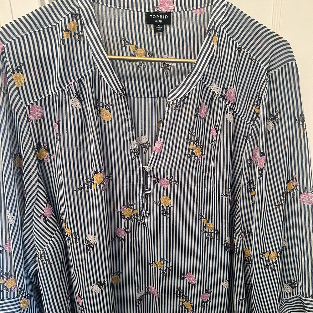 Torrid Blue Striped Blouse with Floral Accents
